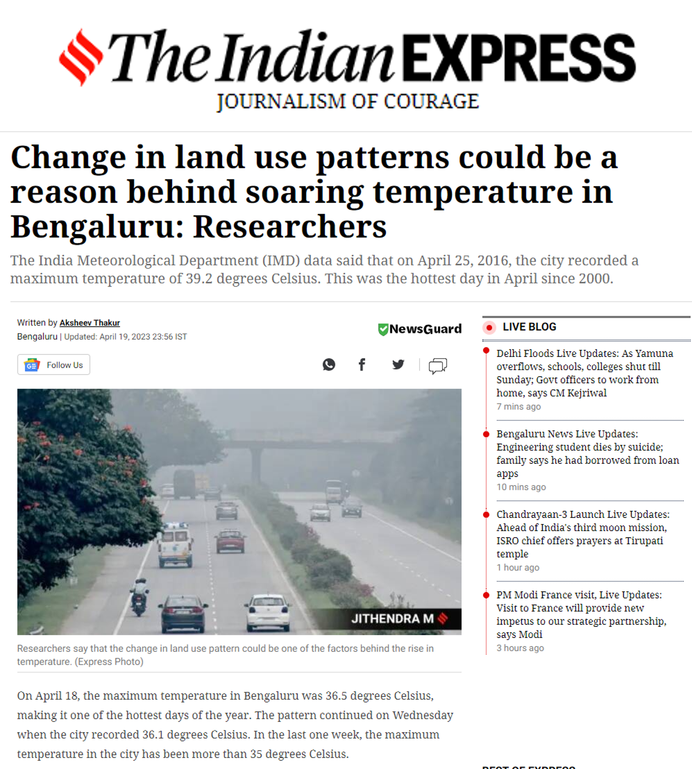 Dr Anushiya J quoted by The Indian Express on the impact of changes in land use patterns on Bengaluru temperature